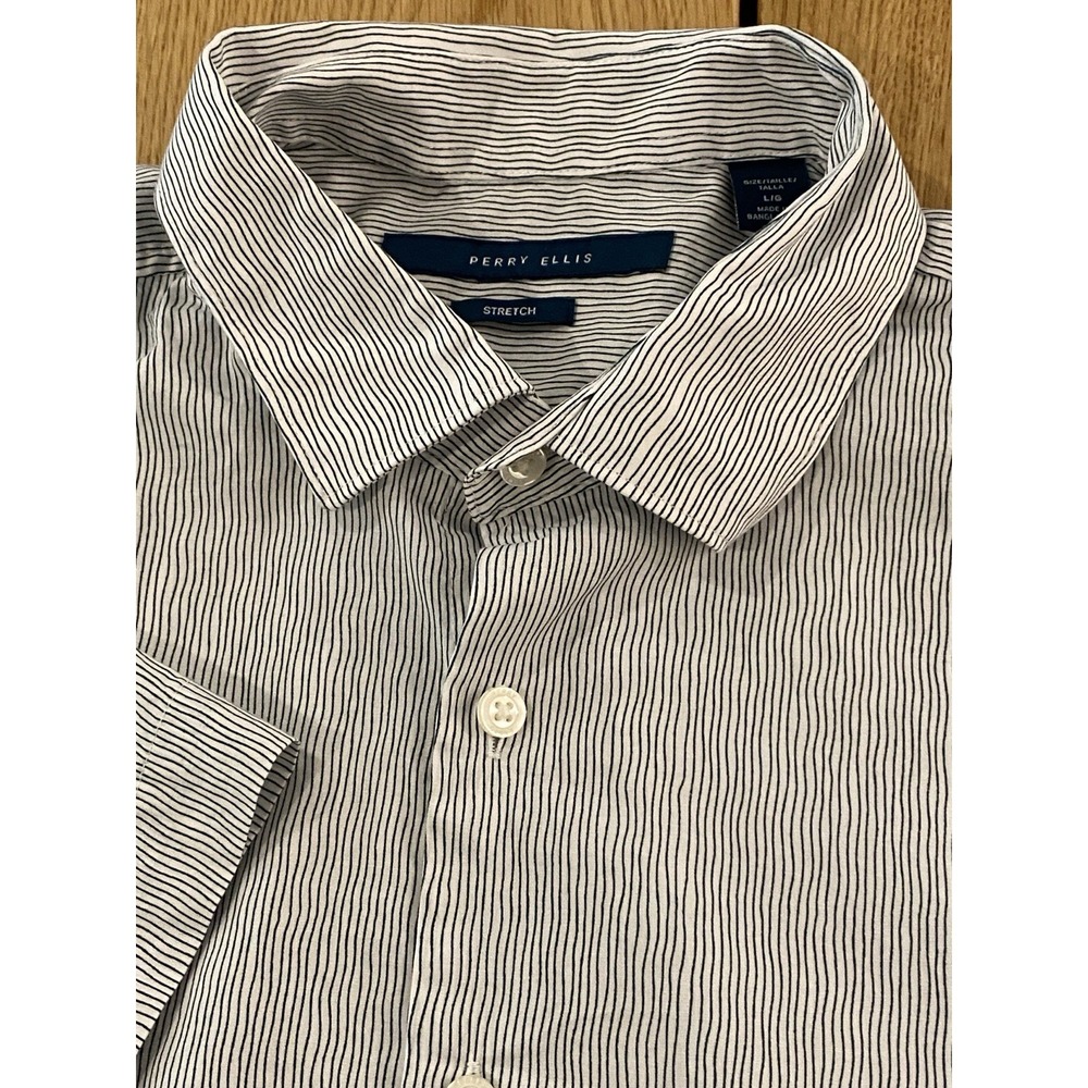 Perry Ellis Button Down Mens Large Stretch Pin Stripe Short Sleeve White Navy
